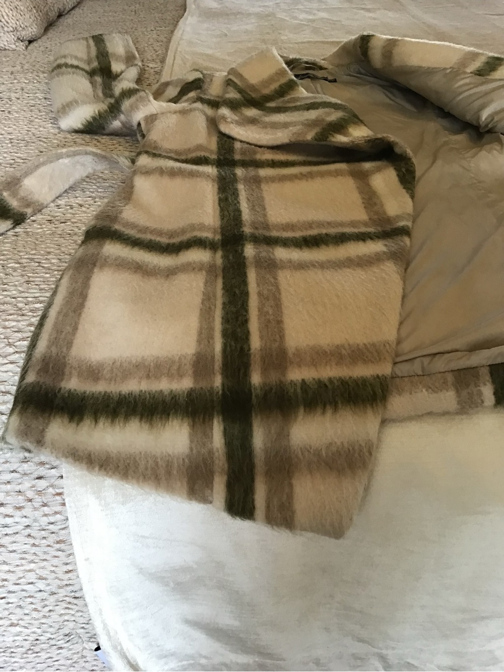 Cozy Plaid Belted Mohair-Blend Coat in Cream & Olive - Picture 7 of 12